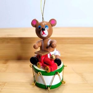 Vintage Christmas Ornament Teddy Bear  On A Drum With Train Car